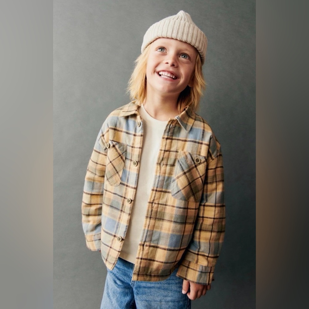 Zara Beige and Blue Plaid Flannel Shirt Jacket